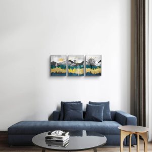 Blue gold forest mountain wall art featuring deer, birds, and nature landscape with premium HD framed prints for modern home decor.