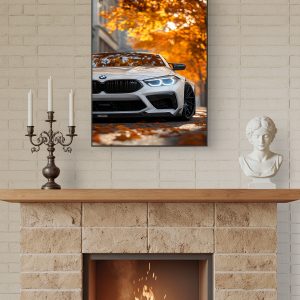 White BMW autumn canvas print 18x24 luxury automotive wall art for modern home decor.